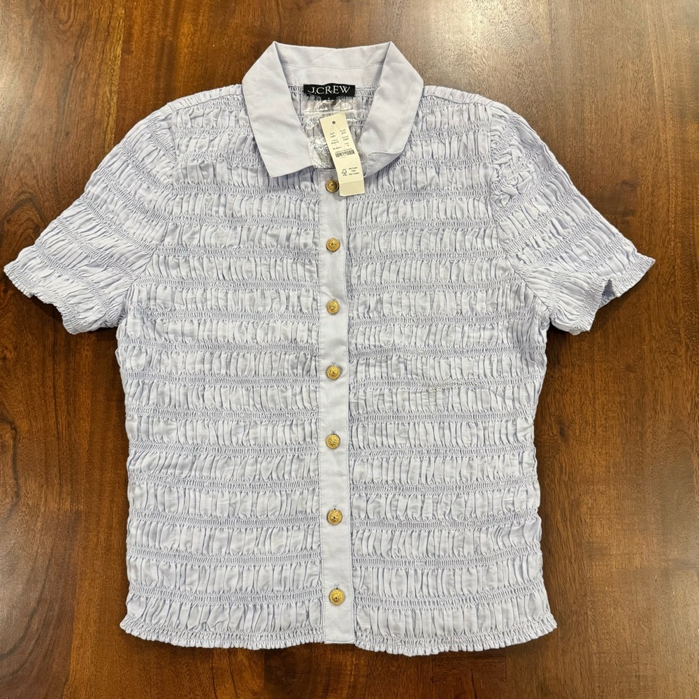 New! J Crew Smocked Button-up Shirt Cotton-blend Voile Gold Button Summer Small